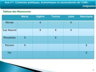 Maroc Algérie Tunisie Lybie Mauritanie
Pétrole X X
Gaz Naturel X X X
Phosphate X X
Poisson X X
Fer X
Tableau des Ressources
9
Axe n°1: Contextes politiques, économiques et socioculturels de l’UMA :
Intégration
 