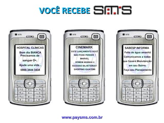 www.paysms.com.br HOSPITAL CLÍNICAS Bom dia BIANCA Precisamos de  sangue O+,  Ajude uma vida... 0800.3444 3434 CINEMARK  ESTE LANÇAMENTO VOCÊ NÃO PODE PERDER  ! MARVEL HOMEM ARANHA 4 SUCESSO BILHETERIA!!! SHOPPING IGUATEMI SABESP INFORMA  Falta de água amanhã Comunicamos a todos  que haverá Manutenção  em seu Bairro. Faça seu Planejamento VOCÊ RECEBE 