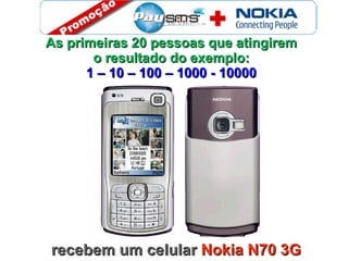 recebem um celular  Nokia N70 3G As primeiras 20 pessoas que atingirem o resultado do exemplo: 1 – 10 – 100 – 1000 - 10000 