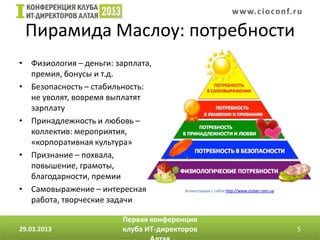 w w w. c i o conf.ru

 Пирамида Маслоу: потребности
• Физиология – деньги: зарплата,
  премия, бонусы и т.д.
• Безопасность – стабильность:
  не уволят, вовремя выплатят
  зарплату
• Принадлежность и любовь –
  коллектив: мероприятия,
  «корпоративная культура»
• Признание – похвала,
  повышение, грамоты,
  благодарности, премии
• Самовыражение – интересная           Иллюстрация с сайта http://www.cluber.com.ua

  работа, творческие задачи

                        Первая конференция
29.03.2013              клуба ИТ-директоров                                           5
 