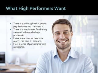 4242
What High Performers Want
 There is a philosophy that guides
pay decisions and I relate to it.
 There is a mechanism for sharing
value with those who help
produce it.
 I have some control over how
much I can earn if I produce.
 I feel a sense of partnership with
ownership.
 