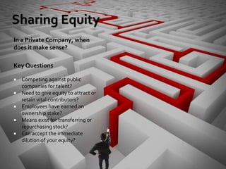 4747
Sharing Equity
In a Private Company, when
does it make sense?
Key Questions
 Competing against public
companies for talent?
 Need to give equity to attract or
retain vital contributors?
 Employees have earned an
ownership stake?
 Means exist for transferring or
repurchasing stock?
 Can accept the immediate
dilution of your equity?
 