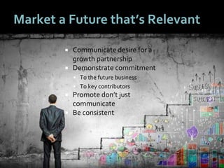 5252
Market a Future that’s Relevant
 Communicate desire for a
growth partnership
 Demonstrate commitment
 To the future business
 To key contributors
 Promote don’t just
communicate
 Be consistent
 