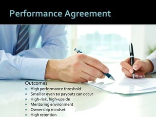 2525
Performance Agreement
Outcomes
 High performance threshold
 Small or even $0 payouts can occur
 High-risk, high-upside
 Mentoring environment
 Ownership mindset
 High retention
 