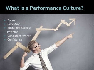 4646
What is a Performance Culture?
 Focus
 Execution
 Sustained Success
Patterns
 Consistent “Wins”
 Confidence
 