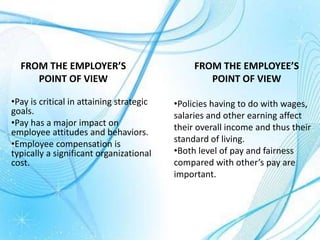 FROM THE EMPLOYER’S
POINT OF VIEW
•Pay is critical in attaining strategic
goals.
•Pay has a major impact on
employee attitudes and behaviors.
•Employee compensation is
typically a significant organizational
cost.
FROM THE EMPLOYEE’S
POINT OF VIEW
•Policies having to do with wages,
salaries and other earning affect
their overall income and thus their
standard of living.
•Both level of pay and fairness
compared with other’s pay are
important.
 