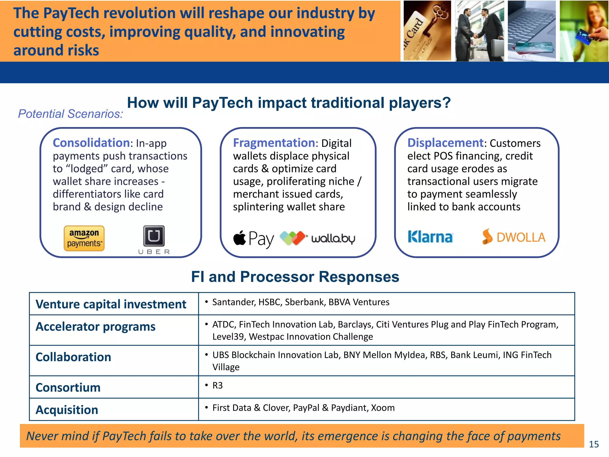 The PayTech revolution will reshape our industry by
cutting costs, improving quality, and innovating
around risks
15
Never mind if PayTech fails to take over the world, its emergence is changing the face of payments
How will PayTech impact traditional players?
Consolidation: In-app
payments push transactions
to “lodged” card, whose
wallet share increases -
differentiators like card
brand & design decline
Potential Scenarios:
Fragmentation: Digital
wallets displace physical
cards & optimize card
usage, proliferating niche /
merchant issued cards,
splintering wallet share
Displacement: Customers
elect POS financing, credit
card usage erodes as
transactional users migrate
to payment seamlessly
linked to bank accounts
Venture capital investment • Santander, HSBC, Sberbank, BBVA Ventures
Accelerator programs • ATDC, FinTech Innovation Lab, Barclays, Citi Ventures Plug and Play FinTech Program,
Level39, Westpac Innovation Challenge
Collaboration • UBS Blockchain Innovation Lab, BNY Mellon MyIdea, RBS, Bank Leumi, ING FinTech
Village
Consortium • R3
Acquisition • First Data & Clover, PayPal & Paydiant, Xoom
FI and Processor Responses
 