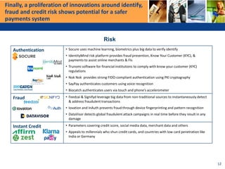 Finally, a proliferation of innovations around identify,
fraud and credit risk shows potential for a safer
payments system
Authentication • Socure uses machine learning, biometrics plus big data to verify identify
• IdentityMind risk platform provides fraud prevention, Know Your Customer (KYC), &
payments to assist online merchants & FIs
• Trunomi software for financial institutions to comply with know your customer (KYC)
regulations
• Nok Nok provides strong FIDO-compliant authentication using PKI cryptography
• SayPay authenticates customers using voice recognition
• Biocatch authenticates users via touch and phone’s accelerometer
Fraud • Feedzai & Signifyd leverage big data from non-traditional sources to instantaneously detect
& address fraudulent transactions
• Iovation and InAuth prevents fraud through device fingerprinting and pattern recognition
• DataVisor detects global fraudulent attack campaigns in real time before they result in any
damage
Instant Credit • Parameters covering credit score, social media data, merchant data and others
• Appeals to millennials who shun credit cards, and countries with low card penetration like
India or Germany
Risk
12
 