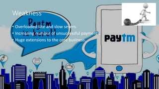 Weakness
• Overloaded Site and slow severs.
• Increasing number of unsuccessful payments.
• Huge extensions to the core business.
 