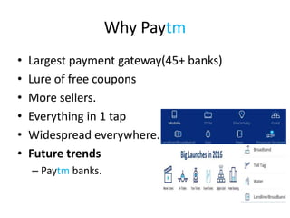 Why Paytm
• Largest payment gateway(45+ banks)
• Lure of free coupons
• More sellers.
• Everything in 1 tap
• Widespread everywhere.
• Future trends
– Paytm banks.