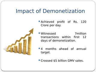 Achieved proft of Rs. 120
Crore per day.
Witnessed 7million
transactions within frst 12
days of demonetization.
4 months ahead of annual
target.
Crossed $5 billion GMV sales.
Impact of Demonetization
 