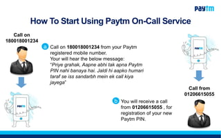 How To Start Using Paytm On-Call Service
Call on
180018001234
Call on 180018001234 from your Paytm
registered mobile number.
Your will hear the below message:
“Priye grahak, Aapne abhi tak apna Paytm
PIN nahi banaya hai. Jaldi hi aapko humari
taraf se iss sandarbh mein ek call kiya
jayega”
a
Call from
01206615055
You will receive a call
from 01206615055 , for
registration of your new
Paytm PIN.
b
 