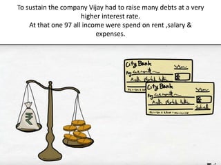 To sustain the company Vijay had to raise many debts at a very
higher interest rate.
At that one 97 all income were spend on rent ,salary &
expenses.
 