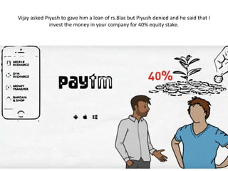 Vijay asked Piyush to gave him a loan of rs.8lac but Piyush denied and he said that I
invest the money in your company for 40% equity stake.
 