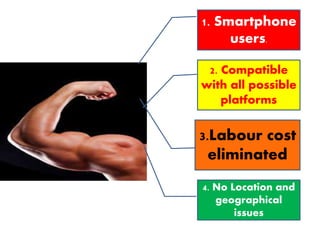 1. Smartphone
users.
2. Compatible
with all possible
platforms
3.Labour cost
eliminated
4. No Location and
geographical
issues
 