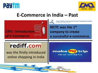 E-Commerce in India – Past
1991: Introduction
of E-Commerce
IRCTC was the 1st
company to create
a successful e-commerce.
was the firstly introduced
online shopping in India
 