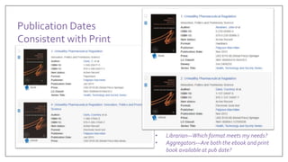 Publication Dates
Consistent with Print
• Librarian—Which format meets my needs?
• Aggregators—Are both the ebook and print
book available at pub date?
 