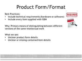 Best Practices:
• Include technical requirements (hardware or software)
• Include every item supplied with ISBN
Why: Primary means of distinguishing between different
versions of the same intellectual work
What we see:
• Unclear product form details
• Unclear or missing contained item details
180
days
 