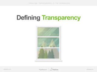 C R E A T I N G T R A N S P A R E N C Y I N T H E W O R K P L A C E
bamboohr.com payscale.com
Defining Transparency
Defining Transparency
 