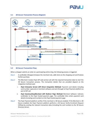 3D Secure™ Merchant Guide | V1.6 Page | 11
Copyright © 2013 PayU Payment Solutions (Pty) Ltd. – Proprietary & Public E&OE
5.1 3D Secure Transaction Process Diagram:
5.2 3D Secure Transaction Flow:
When a shopper submits an order at a participating online shop, the following process is triggered:
Step 1 A cardholder (Shopper) browses the merchant site, adds items to the shopping cart and finalizes
his/her purchase.
Step 2 The Merchant invokes PayU API web service call with the required transaction data to start the
3D Secure transaction process. The transaction details that are provided depend on the
integration method used:
i. PayU Enterprise Service (API Direct Integration Method): Payment card details including
card number captured on merchant software and sent through to PayU Payment platform as
part of API call.
ii. PayU Business/EasyMerchant (API Redirect Page Method) Merchant Software redirects
cardholder to the PayU hosted payment page. The cardholder then enters payment card
details (including card number) on the PayU hosted payment page.
Step 3 The PayU Payment platform verifies if the merchant is 3D Secure enabled. If the Merchant is 3D
Secure enabled, the PayU Payment platform performs a 3D Secure Verify Enrolment Request
(VEReq) by sending the relevant transaction data (including the card number) to the 3D Secure
Directory Server.
 