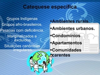 Catequese específica Grupos Indígenas Grupos afro-brasileiros. Pessoas com deficiência. Marginalizados e excluídos. Situações canônicas irregulares. Ambientes rurais. Ambientes urbanos. Condomínios Apartamentos Comunidades carentes 