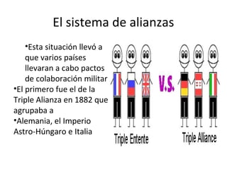 El sistema de alianzas 
•Esta situación llevó a 
que varios países 
llevaran a cabo pactos 
de colaboración militar 
•El primero fue el de la 
Triple Alianza en 1882 que 
agrupaba a 
•Alemania, el Imperio 
Astro-Húngaro e Italia 
 