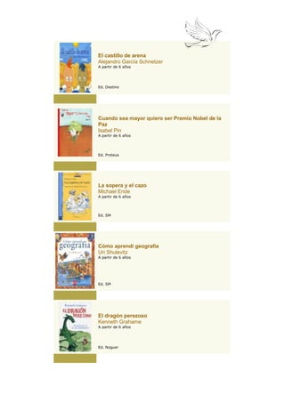 El castillo de arena
Alejandro García Schnetzer
A partir de 6 años




Ed. Destino




Cuando sea mayor quiero ser Premio Nobel de la
Paz
Isabel Pin
A partir de 6 años




Ed. Proteus




La sopera y el cazo
Michael Ende
A partir de 6 años




Ed. SM




Cómo aprendí geografía
Uri Shulevitz
A partir de 6 años




Ed. SM




El dragón perezoso
Kenneth Grahame
A partir de 6 años




Ed. Noguer
 