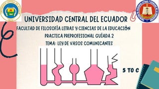 UNIVERSIDAD CENTRAL DEL ECUADOR
FACULTAD DE FILOSOFÍA LETRAS Y CIENCIAS DE LA EDUCACIÓN
PRACTICA PREPROFESIONAL GUÍADA 2
TEMA: LEY DE VASOS COMUNICANTES
 