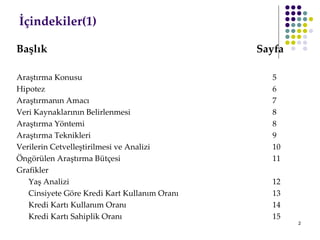 İçindekiler(1) Başlık   Sayfa Araştırma Konusu 5 Hipotez 6 Araştırmanın Amacı 7 Veri Kaynaklarının Belirlenmesi 8 Araştırma Yöntemi 8 Araştırma Teknikleri 9 Verilerin Cetvelleştirilmesi ve Analizi 10 Öngörülen Araştırma Bütçesi 11 Grafikler Yaş Analizi 12 Cinsiyete Göre Kredi Kart Kullanım Oranı 13 Kredi Kartı Kullanım Oranı 14 Kredi Kartı Sahiplik Oranı 15 