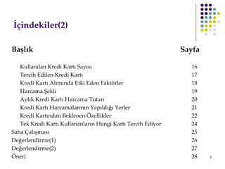 İçindekiler(2) Başlık   Sayfa Kullanılan Kredi Kartı Sayısı 16 Tercih Edilen Kredi Kartı 17 Kredi Kartı Alımında Etki Eden Faktörler 18 Harcama Şekli 19 Aylık Kredi Kartı Harcama Tutarı 20 Kredi Kartı Harcamalarının Yapıldığı Yerler 21 Kredi Kartından Beklenen Özellikler 22 Tek Kredi Kartı Kullananların Hangi Kartı Tercih Ediyor 24 Saha Çalışması 25 ٱğԻ徱(1) 26 Değerlendirme(2) 27 ÖԱ 28 