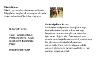 Tüketici Pazarı: Tüketici pazarını kendisinin veya ailesinin ihtiyaçlarını karşılamak amacıyla mal ya da hizmet satın alan tüketiciler oluşturur.  Endüstriyel Mal Pazarı: Endüstriyel mal pazarını ürettiği mal veya hizmetlerin üretiminde kullanmak veya başkasına satmak amacıyla mal satın alan işletmeler oluştururlar. Örnek olarak unu ekmek yapıp başkalarına satmak için satın alan bir işletme endüstriyel mal pazarının müşterisidir. Endüstriyel mal pazarındaki müşteri işletmelerin tamamı endüstriyel mal pazarını meydana getirir. Hükümet Pazarı Ticari Pazar(Toptancı, Perakendeci vb.. Aracı işletmelerin bulunduğu Pazar) Uluslar arası Pazar 