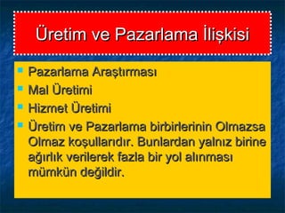 Üretim ve Pazarlama İlişkisiÜretim ve Pazarlama İlişkisi
 Pazarlama AraştırmasıPazarlama Araştırması
 Mal ÜretimiMal Üretimi
 Hizmet ÜretimiHizmet Üretimi
 Üretim ve Pazarlama birbirlerinin OlmazsaÜretim ve Pazarlama birbirlerinin Olmazsa
Olmaz koşullarıdır. Bunlardan yalnız birineOlmaz koşullarıdır. Bunlardan yalnız birine
ağırlık verilerek fazla bir yol alınmasıağırlık verilerek fazla bir yol alınması
mümkün değildir.mümkün değildir.
 