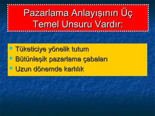 Pazarlama Anlayışının ÜçPazarlama Anlayışının Üç
Temel Unsuru Vardır:Temel Unsuru Vardır:
 Tüketiciye yönelik tutumTüketiciye yönelik tutum
 Bütünleşik pazarlama çabalarıBütünleşik pazarlama çabaları
 Uzun dönemde karlılıkUzun dönemde karlılık
 