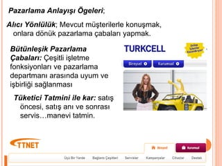 Alıcı Yönlülük ; Mevcut müşterilerle konuşmak, onlara dönük pazarlama çabaları yapmak . Pazarlama Anlayışı Ögeleri ;  Bütünleşik Pazarlama Çabaları:  Çeşitli işletme fonksiyonları ve pazarlama departmanı arasında uyum ve işbirliği sağlanması Tüketici Tatmini ile kar:  satış öncesi, satış anı ve sonrası servis…manevi tatmin. 