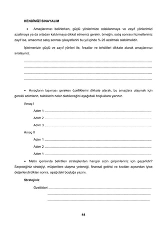 KENDİMİZİ SINAYALIM 
• Amaçlarımızı belirlerken, güçlü yönlerimize odaklanmaya ve zayıf yönlerimizi 
azaltmaya ya da ortadan kaldırmaya dikkat etmemiz gerekir. örneğin, satış sonrası hizmetlerimiz 
zayıf ise, amacımız satış sonrası şikayetlerini bu yıl içinde % 25 azaltmak olabilmelidir. 
İşletmenizin güçlü ve zayıf yönleri ile, fırsatlar ve tehditleri dikkate alarak amaçlarınızı 
44 
sıralayınız. 
............................................................................................................................................... 
............................................................................................................................................... 
............................................................................................................................................... 
............................................................................................................................................... 
• Amaçların taşıması gereken özelliklerini dikkate alarak, bu amaçlara ulaşmak için 
gerekli adımların, taktiklerin neler olabileceğini aşağıdaki boşluklara yazınız. 
Amaç I 
Adım 1 ....................................................................................................................... 
Adım 2 ....................................................................................................................... 
Adım 3 ....................................................................................................................... 
Amaç II 
Adım 1 ....................................................................................................................... 
Adım 2 ....................................................................................................................... 
Adım 1 ....................................................................................................................... 
• Metin içerisinde belirtilen stratejilerden hangisi sizin girişimleriniz için geçerlidir? 
Seçeceğiniz stratejiyi, müşterilere ulaşma yeteneği, finansal getirisi ve kısıtları açısından iyice 
değerlendirdikten sonra, aşağıdaki boşluğa yazını. 
Stratejiniz 
Özellikleri ................................................................................................................... 
................................................................................................................... 
.................................................................................................................. 
 