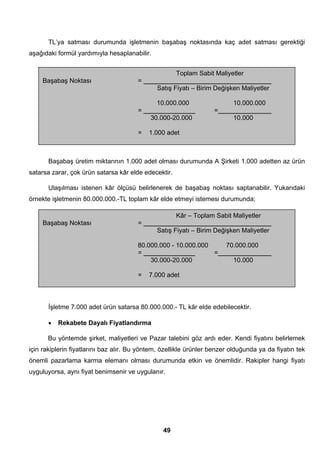 TL’ya satması durumunda işletmenin başabaş noktasında kaç adet satması gerektiği 
Satış Fiyatı – Birim Değişken Maliyetler 
10.000.000 10.000.000 
= = 
30.000-20.000 10.000 
= 1.000 adet 
Satış Fiyatı – Birim Değişken Maliyetler 
80.000.000 - 10.000.000 70.000.000 
= = 
30.000-20.000 10.000 
= 7.000 adet 
49 
aşağıdaki formül yardımıyla hesaplanabilir. 
Toplam Sabit Maliyetler 
Başabaş Noktası = 
Başabaş üretim miktarının 1.000 adet olması durumunda A Şirketi 1.000 adetten az ürün 
satarsa zarar, çok ürün satarsa kâr elde edecektir. 
Ulaşılması istenen kâr ölçüsü belirlenerek de başabaş noktası saptanabilir. Yukarıdaki 
örnekte işletmenin 80.000.000.-TL toplam kâr elde etmeyi istemesi durumunda; 
Kâr – Toplam Sabit Maliyetler 
Başabaş Noktası = 
İşletme 7.000 adet ürün satarsa 80.000.000.- TL kâr elde edebilecektir. 
• Rekabete Dayalı Fiyatlandırma 
Bu yöntemde şirket, maliyetleri ve Pazar talebini göz ardı eder. Kendi fiyatını belirlemek 
için rakiplerin fiyatlarını baz alır. Bu yöntem, özellikle ürünler benzer olduğunda ya da fiyatın tek 
önemli pazarlama karma elemanı olması durumunda etkin ve önemlidir. Rakipler hangi fiyatı 
uyguluyorsa, aynı fiyat benimsenir ve uygulanır. 
 