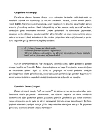 Çalışanların Adanmışlığı 
Pazarlama planının başarılı olması, onun çalışanlar tarafından sahiplenilmesini ve 
hedeflere ulaşmak için adanmışlığı da zorunlu kılmaktadır. Sadece, planda isimleri yazmak 
yeterli değildir. hiç kimse görevi kabullenip, onun yaşamasını ve önemini savunmadan gerçek 
anlamda görev almış sayılmaz. Basılı hale getirilmiş ve “kim, nerede, ne işi yapacak” sorularını 
cevaplayan görev bültenlerini düşünün. Gerekli görüşmeler ve konuşmalar yapılmadan, 
çalışanlar teşvik edilmeden, planda öngörülen görev tanımları ve onları yerine getirme arzusu 
sadece bir temenni olarak kalabilecektir. Bu yüzden, çalışanların adanmışlığı başarı için şarttır. 
Bunu sağlamak için üç adımlı bir süreç takip edilebilir: 
• Öngörülen görevlen kabullenilmelidir. 
• Üstlenilen görevlere adanma sağlanmalıdır. 
• Görevleri üstlenen çalışanların, bu görevleri savunabilecek kadar coşkulu, 
istekli ve inançlı olmaları sağlanabilmelidir. 
Sürecin tamamlanmasında, “biz” duygusunu yaratmak kadar, eğitim, parasal ve parasal 
olmayan teşvikler de önemlidir. Takım ruhunu oluşturmanın, başarılı bir yönetim amacı olduğunu 
da unutmamak gerekir. eğer, bu süreç iyi çalışmıyor ve kimse görevleri, amaçları 
gerçekleştirmeye istekli görünmüyorsa, daha fazla zarar görmemek için yeniden düşünmek ve 
gerekirse sorumlulukların, görevlerin değiştirilmesine gitmek akıllıca bir yol olacaktır. 
Eylemlerin Zaman Çizelgesi 
Zaman çizelgesi planda, “ne?, ne zaman?” sorularına cevap arayan çalışmaları içerir. 
Pazarlama eylem programları hazırlanırken, her eylemin başlama ve bitme tarihlerinin 
belirlenmesine özen göstermek gerekir. pazarlama planının yönetilmesi için, temel eylemlerin 
zaman çizelgesinin on iki aylık bir süreyi kapsayacak biçimde olması kaçınılmazdır. Böylece, 
girişimci eylemlerin yapılışını açıkça görüp, takip edebilme olanağına kavuşur. İlk yapılması 
gereken iş, eylemlerin öncelik sırasına konmasıdır. 
59 
 