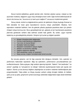 Durum kontrol edilebilirse, gerekli adımlar atılır. Adımları atarken zaman, maliyet ve risk 
açısından incelenip, değişimin uygun olup olmadığına karar verilir. Eğer kontrol edilemeyecek bir 
durum söz konusu ise, “duruma en iyi nasıl uyum sağlanır?” sorusunun incelenmesi gerekir. 
Sonuç olarak, kontrol ve değerlendirme yardımı ile işletmenin ihtiyaç duyduğu finansal ve 
fiziki olanaklar ile insan gücü kaynaklarının durumu ortaya çıkartılabilir. Böylece, hem 
sapmaların nedenleri belirlenir, hem de gelecek yıllarda yapılacak pazarlama alanı için şirketin 
röntgeni ortaya konmuş olur. Bunu gerçekleştirmek için, gelecek yıl için hazırlanacak pazarlama 
planında gerekecek verilerin elde edilmesi sürekli hale getirilir. Bu veriler, uygun biçimde 
toplanmış ve güncelleştirilmiş olmalıdır. Girişimci için bunlar şu bilgileri içerebilir: 
• Müşteri ihtiyaçlarındaki değişmeler 
• Üründe öngörülebilecek değişiklikler 
• Yeni ürün ve hizmet fikirleri 
• Stratejiler hakkında bilgiler 
• Rakiplerin hareketlerini izleyen bilgiler 
• Reklam ve tanıtmanın etkinliği 
• Dağıtım sisteminin etkinliği 
• Stok aksaklıkları (sıklık ve nedenleri) 
• Satış sonrası müşteri hizmetlerindeki temel sorunlar 
Bu konuda girişimci, veri ile bilgi arasında fark olduğunu bilmelidir. Veri, eylemler ve 
performans hakkındaki raporlardır. Bilgi ise eylemlerin, performansın yorumlanabilmesi için 
sınıflandırılmasıdır. Daha açıkçası, bilgi verilerin işlenmiş biçimidir. “Nelerin” “kim tarafından” “ne 
zaman” yapıldığı ve “sonuçlarının ne olduğu” hakkında sayılamayacak kadar çok sayıda veri 
toplanır. Olumlu ya da olumsuz bilgilere ulaşıldığında ve bunların nedenleri belirlendiğinde plan 
programlanabilir. Takip edilen ve ihtiyaç duyulan verilerin sıklığı (örneğin haftalık, iki haftalık, 
aylık ya da üç aylık), girişimcinin içinde bulunduğu sektördeki değişmelere bağlı olarak farklılıklar 
gösterir. 
71 
 