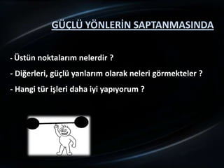GÜÇLÜ YÖNLERİN SAPTANMASINDA

- Üstün noktalarım nelerdir ?

- Diğerleri, güçlü yanlarım olarak neleri görmekteler ?
- Hangi tür işleri daha iyi yapıyorum ?
 