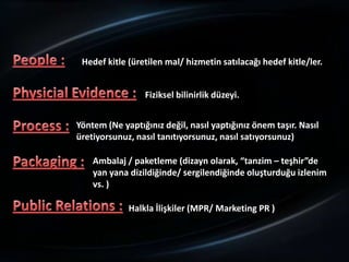 Hedef kitle (üretilen mal/ hizmetin satılacağı hedef kitle/ler.


                 Fiziksel bilinirlik düzeyi.


Yöntem (Ne yaptığınız değil, nasıl yaptığınız önem taşır. Nasıl
üretiyorsunuz, nasıl tanıtıyorsunuz, nasıl satıyorsunuz)

    Ambalaj / paketleme (dizayn olarak, “tanzim – teşhir”de
    yan yana dizildiğinde/ sergilendiğinde oluşturduğu izlenim
    vs. )

             Halkla İlişkiler (MPR/ Marketing PR )
 