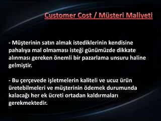 - Müşterinin satın almak istediklerinin kendisine
pahalıya mal olmaması isteği günümüzde dikkate
alınması gereken önemli bir pazarlama unsuru haline
gelmiştir.

- Bu çerçevede işletmelerin kaliteli ve ucuz ürün
üretebilmeleri ve müşterinin ödemek durumunda
kalacağı her ek ücreti ortadan kaldırmaları
gerekmektedir.
 
