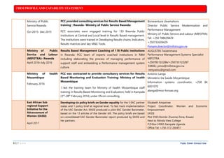 FIRM PROFILE AND CAPABILITY STATEMENT
11 | P A G E PAZEL CONRY CONSULTING
8.Ministry of Public
Service Rwanda
Oct 2015- Dec 2015
PCC provided consulting services for Results Based Management
training : Rwanda- Ministry of Public Service Rwanda:
PCC associates were engaged training for 133 Rwanda Public
institutions at Central and Local level in Results Based management.
The institutions were trained in Developing Results chains, Indicators,
Results matrices and key M&E Tools.
Bonaventure Uwamahoro
Director Public Service Modernisation and
Performance Management
Ministry of Public Service and Labour (MIFOTRA)
Tel: +250 788639429
+250733639429
Psmpm.director@mifotra.gov.rw
9.Ministry of Public
Service and Labour
(MIFOTRA)- Rwanda
April 2016-July 2016
Results Based Management Coaching of 118 Public institutions
in Rwanda: PCC team of experts coached institutions in RBM
including elaborating the process of managing performance of
support staff and embedding a Performance management system
culture.
AUGUSTIN Twizerimana
Performance Management Systems Specialist
MIFOTRA
+250783122286/+250733122287
EMAIL: pmss@mifotra.gov.rw
reniyazou@gmail.com
10.Ministry of health
Mozambique
February 2014
PCC was contracted to provide consultancy services for Results
Based Monitoring and Evaluation Training: Ministry of health
Mozambique
I led the training team for Ministry of health Mozambique staff
training in Results Based Monitoring and Evaluation, held in Kampala
(3rd
-28th
February 2014) under Eficon consulting.
Antonio Langa
Ministério Da Saúde Moçambique
Information systems coordinator, +258 84
6001070
alanga@moz-forssas.org
11.East African Sub
regional Support
Initiative for the
Advancement of
Women (EASSI)
April 2017
Developing six policy briefs on Gender equality for the 5 EAC partner
states and 1 policy brief at regional level. To fast track implementation
of the EAC Gender Act, EASSI produced a pilot EAC Gender Barometer,
based on the 13 articles of the Gender bill. The policy briefs are based
on consolidated EAC Gender Barometer report produced by EASSI and
her partners.
Elizabeth Ampairwe
Project Coordinator, Women and Economic
Empowerment
EASSI
Plot 3565,Nsimbi-Ziwome Zone, Kisaasi
Next to Ntinda View College
P.O.Box 24965 Kampala Uganda
Office Tel: +256-312-266451
 