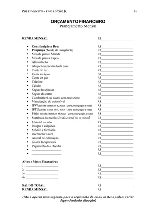 14
ORÇAMENTO FINANCEIRO
Planejamento Mensal
RENDA MENSAL R$____________________
 Contribuição a Deus R$____________________
 Poupança (Fundo de Emergência) R$____________________
 Mesada para o Marido R$____________________
 Mesada para a Esposa R$____________________
 Alimentação R$____________________
 Aluguel ou prestação da casa R$____________________
 Conta de luz R$____________________
 Conta de água R$____________________
 Conta de gás R$____________________
 Telefone R$____________________
 Celular R$____________________
 Seguro hospitalar R$____________________
 Seguro do carro R$____________________
 Combustível ou gastos com transporte R$____________________
 Manutenção do automóvel R$____________________
 IPVA (divida o total em 12 meses – para poder pagar a vista) R$____________________
 IPTU (divida o total em 12 meses – para poder pagar a vista) R$____________________
 Férias (divida o total em 12 meses – para poder pagar a vista) R$____________________
 Matrícula da escola (divida o total em 12 meses) R$____________________
 Material escolar R$____________________
 Roupas e calçados R$____________________
 Médico e farmácia R$____________________
 Recreação/Lazer R$____________________
 Animal de estimação R$____________________
 Gastos Inesperados R$____________________
 Pagamento das Dívidas R$____________________
 ...................................... R$____________________
 ...................................... R$____________________
Alvos e Metas Financeiras
1- ......................................... R$____________________
2- ......................................... R$____________________
3- ......................................... R$____________________
4- ......................................... R$____________________
SALDO TOTAL R$____________________
RENDA MENSAL R$____________________
(Isto é apenas uma sugestão para o orçamento do casal, os itens podem variar
dependendo da situação)
Paz Financeira – Enio Latorre Jr.
 