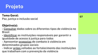 Projeto
07
Tema Geral:
Paz, justiça e inclusão social
Objetivo(s):
- Consultar dados sobre os diferentes tipos de violência no
Brasil
- Identificar as instituições responsáveis por garantir a
igualdade de acesso à justiça para todos
- Apresentar propostas de combate à violência em
determinados grupos sociais
- Indicar ações voltadas ao fortalecimento das instituições
que trabalham com a prevenção da violência
 