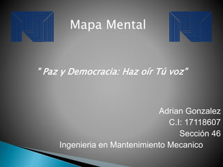 Adrian Gonzalez
C.I: 17118607
Sección 46
Ingenieria en Mantenimiento Mecanico
Mapa Mental
" Paz y Democracia: Haz oír Tú voz"
 