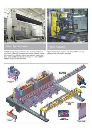 On high tonnage mega press brakes “box construction” frame is
used which is the most stabile machine body in the world utilised
technology for press brakes.Stability and rigidity of box construc-
tions is approved by our refences all around the world and finite
element analysis on the computers.
Robust Box Construction
Hydraulic pistons are produced with precise CNC machining
centers in one shot without reposition.
Piston Production
2014_SUBAT_1.indd 31 11.06.2014 07:59
 