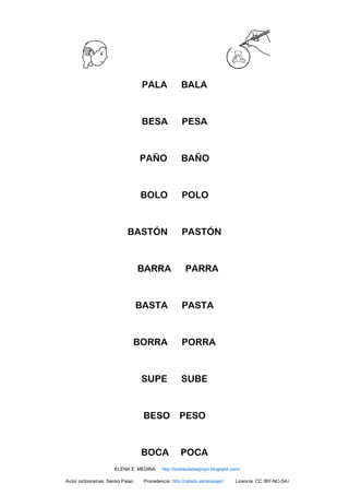 PALA BALA
BESA PESA
PAÑO BAÑO
BOLO POLO
BASTÓN PASTÓN
BARRA PARRA
BASTA PASTA
BORRA PORRA
SUPE SUBE
BESO PESO
BOCA POCA
ELENA E. MEDINA http://enelauladeapoyo.blogspot.com/
Autor pictogramas: Sergio Palao Procedencia: http://catedu.es/arasaac/ Licencia: CC (BY-NC-SA)
 