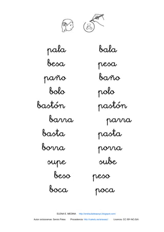 pala bala
besa pesa
paño baño
bolo polo
bastón pastón
barra parra
basta pasta
borra porra
supe sube
beso peso
boca poca
ELENA E. MEDINA http://enelauladeapoyo.blogspot.com/
Autor pictogramas: Sergio Palao Procedencia: http://catedu.es/arasaac/ Licencia: CC (BY-NC-SA)
 