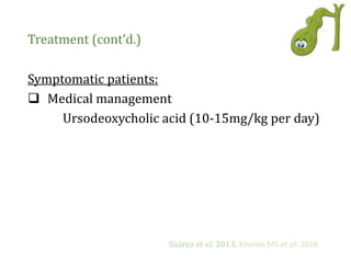 Treatment (cont’d.)
Symptomatic patients:
 Medical management
Ursodeoxycholic acid (10-15mg/kg per day)
Suárez et al. 2013, Khuroo MS et al. 2016
 