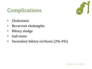 Complications
• Cholestasis
• Recurrent cholangitis
• Biliary sludge
• Gall stone
• Secondary biliary cirrhosis (2%-4%)
Suárez et al. 2013,
 